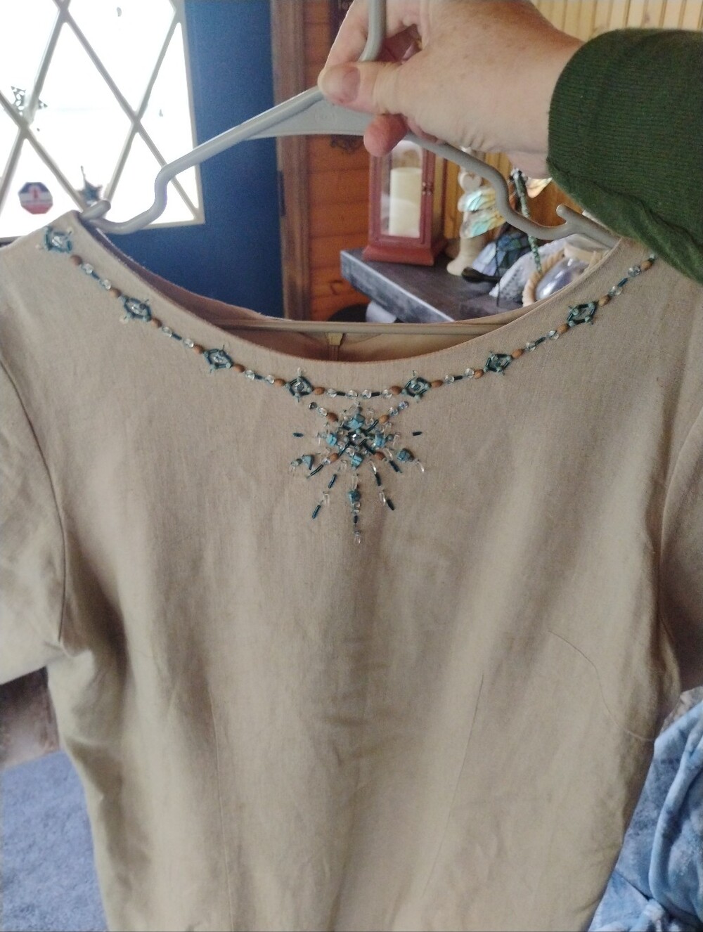 Jessica Howard Women's Linen Cream Maxi Dress With Turquoise Jewels